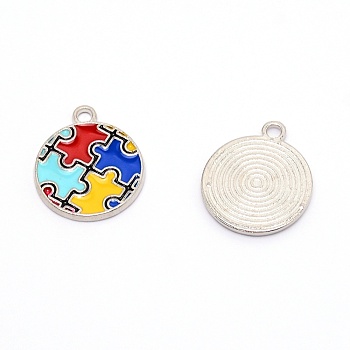 Zinc Alloy Enamel Pendants, for Jewelry  Making, Flat Round with Puzzle Pattern, Colorful, Platinum, 23x19x2mm, Hole: 2mm