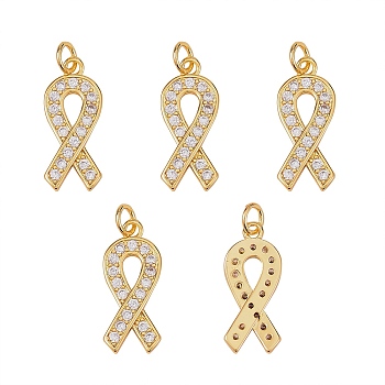 5Pcs Brass Micro Pave Clear Cubic Zirconia Pendants, with Jump Ring, Long-Lasting Plated, Awareness Ribbon Shape, Real 18K Gold Plated, 21x9x2mm, Jump Rings: 5x1mm, 3mm Inner Diameter