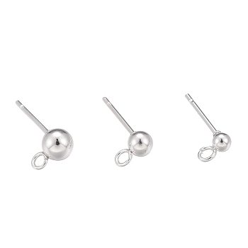 30Pcs 3 Size 304 Stainless Steel Ball Stud Earring Post, Earring Findings, with Loop, Round, Silver, 14~16x3~5mm, Hole: 1.8~2mm, Pin: 0.8mm, Round: 3mm/4mm/5mm