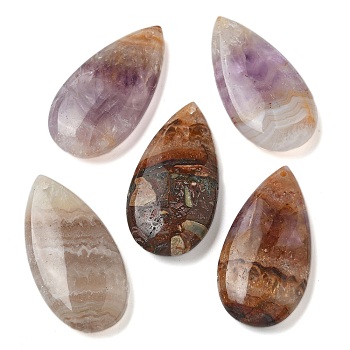 Natural Amethyst Lace Agate Pendants, Teardrop Charms, 40x20.5x7.5~8mm, Hole: 1.5mm