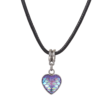 Heart with Fish Scale Shape 304 Stainless Steel with Resin Pendant Necklaces, with Imitation Leather Cords, Lilac, 17.52 inch(44.5cm)
