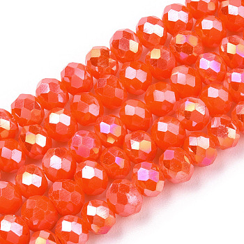 Electroplate Glass Beads Strands, Opaque Solid Color, AB Color Plated, Faceted, Rondelle, Orange Red, 4x3mm, Hole: 0.4mm, about 113~115pcs/strand, 41~42cm