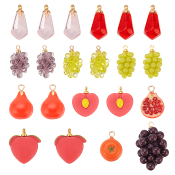 21Pcs 11 Styles Resin Imitation Fruit Pendants, Fruit Charms, with Golden Plated Brass Pendant Bails, Pomegranate & Grape & Peach, Mixed Shapes, Mixed Color, 12~26x8~17x6.5~16mm, Hole: 1.4~1.8mm