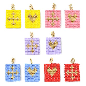 2Pcs 2 Style Handmade MIYUKI Japanese Seed Loom Pattern Seed Beads, Rectangle with Cross & Eye Pendants, Mixed Color, 25~25.5x16x2mm, Hole: 2.5mm, 1Pc/style