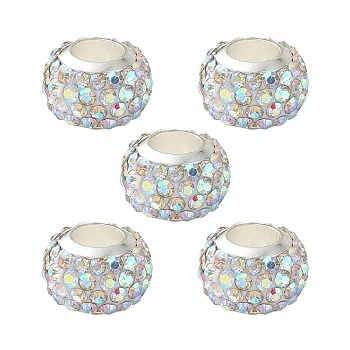 304 Stainless Steel European Beads, with Polymer Clay Rhinestone, Large Hole Beads, Rondelle, Crystal AB, 11x7.5mm, Hole: 5mm