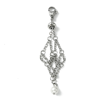 304 Stainless Steel Cable Chains Macrame Pouch Empty Stone Holder Pendant Decoration, with Round Shell Pearl Bead, Stainless Steel Color, 75mm