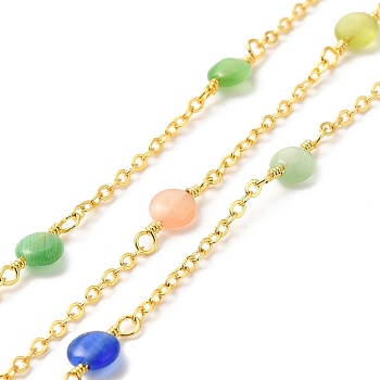 Handmade Cat Eye Beaded Chains, Real 18K Gold Plated Brass Cable Chains, with Spool, Cadmium Free & Lead Free, Flat Round, Mixed Color, Link Chain: 14~15x6x3mm, Flat Round: 14~15x6x3mm