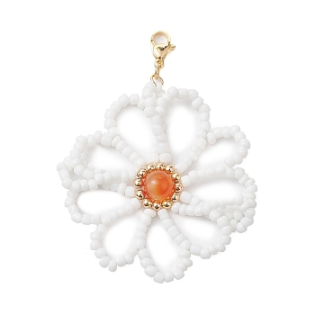 Flower Natural Carnelian & Glass Seed Beads Pendant Decorations, for Bag, Keychain Ornaments, White, 71mm, Flower: 56x54x8mm