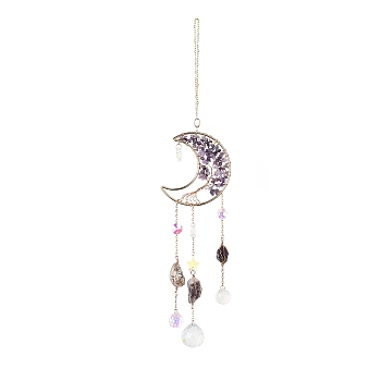 Natural Amethyst Chips Beaded Moon Hanging Sun Catchers, Faceted Glass Octagon & Teardrop, Rainbow Maker, with Iron Findings, 430mm