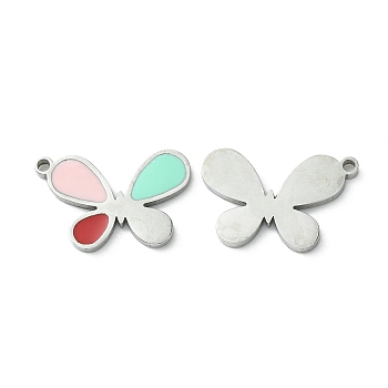 304 Stainless Steel Manual Polishing Pendants, with Enamel, Butterfly Charms, Stainless Steel Color, 17.5x15x1.5mm, Hole: 1.2mm
