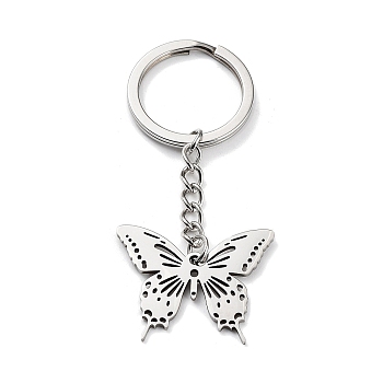 Animal 304 Stainless Steel Pendant Keychains, with Key Ring, Stainless Steel Color, Butterfly, 6.8cm
