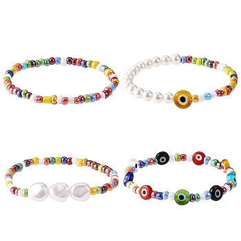 4Pcs 4 Style Shell Pearl & Glass Seed Beaded Stretch Bracelets Set with Evil Eye for Women, Mixed Color, Inner Diameter: 2 inch(5.2cm), 1Pc/style