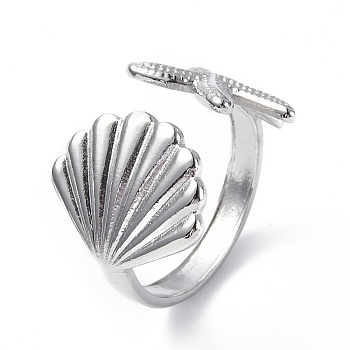 304 Stainless Steel Shell with Starfish Open Cuff Ring for Women, Stainless Steel Color, Inner Diameter: 18mm