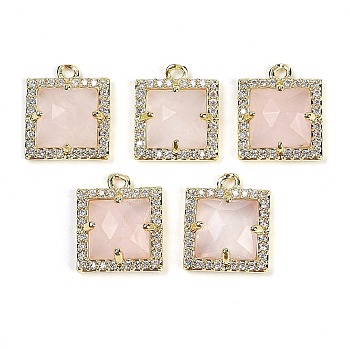 Natural Rose Quartz Faceted Square Charms, Rack Plating Brass Micro Pave Clear Cubic Zirconia Charms, Golden, 13.5x11.5x4.5mm, Hole: 1.4mm