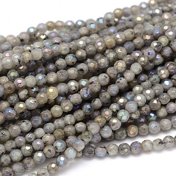 Natural Electroplate Labradorite Round Bead Strands, Faceted, 4mm, Hole: 1mm, about 109pcs/strand, 16 inch