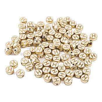 (Defective Closeout Sale: Enamel Yellowing) Alloy Enamel Beads, Cadmium Free & Lead Free, Light Gold, Flat Round, Letter H, 8x4mm, Hole: 1.4mm