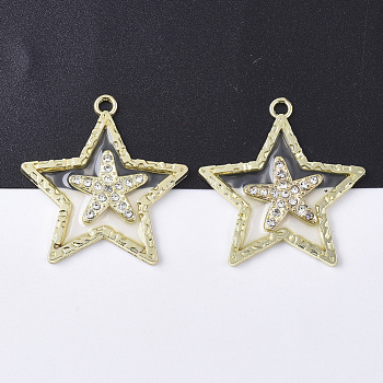 Epoxy Resin Pendants, with Crystal Rhinestone and Light Gold Plated Alloy Open Back Bezel, Star, Clear, 37.5x35.5x2.5mm, Hole: 2.5mm