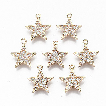 Brass Micro Pave Cubic Zirconia Charms, Light Gold, Long-Lasting Plated, Cadmium Free & Lead Free, Star, Clear, 12.5x11x1.5mm, Hole: 1mm