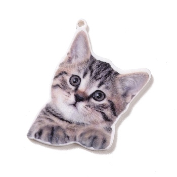 Printed Opaque Acrylic Pendants, Animal Theme Charms, Cat Pattern, 32.5x22x2mm, Hole: 1.5mm