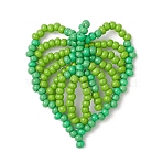 Handmade Glass Seed Beaded Pendants, Leaf Charms, Green, 33x27x2.5mm, Hole: 1.2mm(PALLOY-MZ00797-01)