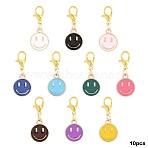 10Pcs Alloy Enamel Pendant Decorations, with Alloy Lobster Claw Clasps, Smiling Face, Golden, Mixed Color, 27mm(HJEW-YW00219)