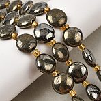 Natural Pyrite Beads Strands, with Seed Beads, Flat Round, 12~13x5~6mm, Hole: 1.4mm, about 13pcs/strand, 8.07''(20.5cm)(X-G-Z131-H01-01)