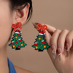 Christmas Tree with Bowknot Acrylic Dangle Stud Earrings, Platinum, Green, 52.8x36.5mm(FS-WGFA79E-01)