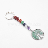 Gemstone and Natural Green Aventurine Chakra Keychain, with Alloy Key Rings and Brass Pendants, Ring with Tree of Life, Platinum, 123mm(KEYC-P037-A05)