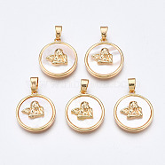 Natural Sea Shell Pendants, with Brass Findings, Nickel Free, Flat Round with Cupid/Cherub, Real 18K Gold Plated, 17x15x4.5mm, Hole: 2.5x4.5mm(KK-Q277-013-NF)