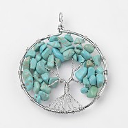 Tree of Life Synthetic Turquoise Big Pendants, with Brass Findings, Platinum, 63~65x49~51x8~10mm, Hole: 8~10mm(X-G-L455-D01)