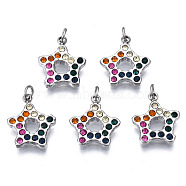 316 Surgical Stainless Steel Charms, with Jump Rings and Rhinestone, Star, Stainless Steel Color, 11x9x1.5mm, Hole: 1.6mm, Jump Ring: 3x0.5mm, 1.6mm inner diameter(STAS-N097-009P)