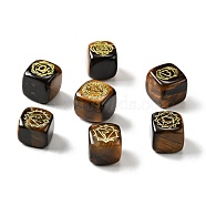 7Pcs 7 Styles Natural Tiger Eye Beads, with Long-Lasting Plated Golden Tone Brass Chakra Pattern Slices, Lead Free & Cadmium Free, No Hole, Cube, 15.5~18x15~17x14.5~17mm, 1pc/style(G-H272-04G)