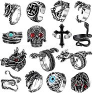 15Pcs 15 Style Evil Eye & Dragon & Cross & Leather & Skull & Snake & Claw Alloy Open Cuff Rings, Gothic Chunky Rrings with Rhinestone for Men Women, Antique Silver, US Size 8(18.1mm), 1Pc/style(SKUL-PW0002-008AS)