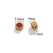 304 Stainless Steel Glass Beads, Birthstone Beads, Flat Round, Real 18K Gold Plated, FireBrick, 6x4mm, Hole: 1.4mm(STAS-Z091-09G-02)