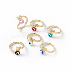 Clear Cubic Zirconia Butterfly & Enamel Evil Eye Open Cuff Ring, Real 18K Gold Plated Brass Lucky Jewelry for Women, Lead Free & Cadmium Free, Mixed Color, US Size 7 3/4(17.9mm)(RJEW-I086-07G)