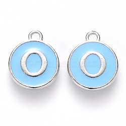 Platinum Plated Alloy Enamel Charms, Cadmium Free & Lead Free, Enamelled Sequins, Flat Round with Letter, Sky Blue, Letter.O, 14x12x2mm, Hole: 1.5mm(ENAM-S118-04O-P)