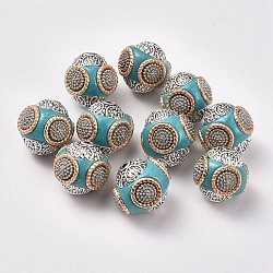 Handmade Indonesia Beads, with Alloy Cores, Round, Antique Silver & Light Gold, Turquoise, 14~16x14~16mm, Hole: 1.5mm(IPDL-R397-27)