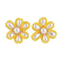 Brass Clip-on Earring, with ABS Plastic Imitation Pearl Cabochons, Flower, Gold, 34x19mm(EJEW-JE04139-03)