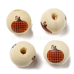 Autumn Wood European Beads, Printed Large Hole Beads, Round, Pumpkin, 16mm, Hole: 4mm(WOOD-H105-04F-01)