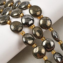 Natural Pyrite Beads Strands, with Seed Beads, Flat Round, 12~13x5~6mm, Hole: 1.4mm, about 13pcs/strand, 8.07''(20.5cm)(X-G-Z131-H01-01)
