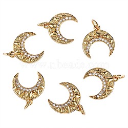 6Pcs Brass Clear Cubic Zirconia  Pendants, with Jump Ring, Long-Lasting Plated, Moon, Real 18K Gold Plated, 14.5x14x2.5mm, Hole: 3mm(KK-SZ0004-63)