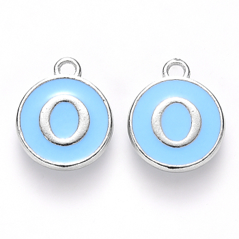 Platinum Plated Alloy Enamel Charms, Cadmium Free & Lead Free, Enamelled Sequins, Flat Round with Letter, Sky Blue, Letter.O, 14x12x2mm, Hole: 1.5mm