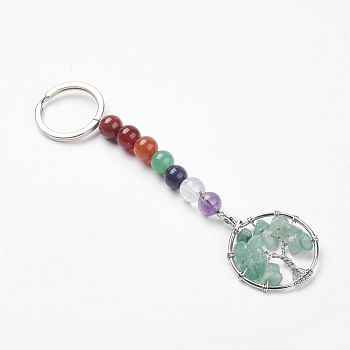 Gemstone and Natural Green Aventurine Chakra Keychain, with Alloy Key Rings and Brass Pendants, Ring with Tree of Life, Platinum, 123mm