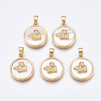 Natural Sea Shell Pendants, with Brass Findings, Nickel Free, Flat Round with Cupid/Cherub, Real 18K Gold Plated, 17x15x4.5mm, Hole: 2.5x4.5mm