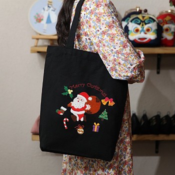 DIY Christmas Santa Claus Pattern Black Canvas Tote Bag Embroidery Kit, including Embroidery Needles & Thread, Cotton Fabric, Plastic Embroidery Hoop, Colorful, 390x340x100mm