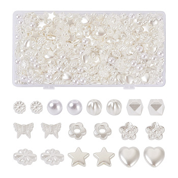 500Pcs 10 Style ABS Plastic Imitation Pearl Beads, Pumpkin & Flower & Cube, Antique White, 6~12x6~12x3~8mm, Hole: 1.4~2.3mm, 50pcs/style
