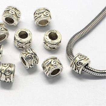 Alloy European Beads, Large Hole Beads, Column, Antique Silver, 9.5x6.5mm, Hole: 4.5mm