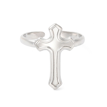 304 Stainless Steel Cross Open Cuff Ring for Women, Stainless Steel Color, Inner Diameter: 18mm