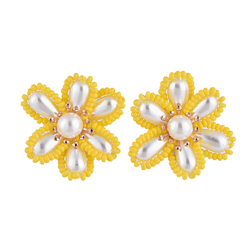 Brass Clip-on Earring, with ABS Plastic Imitation Pearl Cabochons, Flower, Gold, 34x19mm