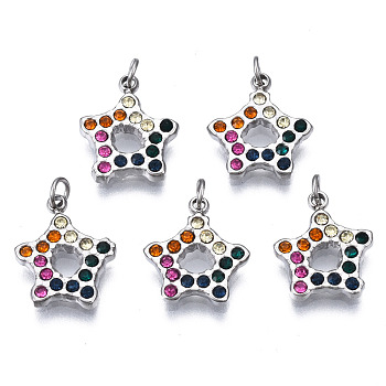 316 Surgical Stainless Steel Charms, with Jump Rings and Rhinestone, Star, Stainless Steel Color, 11x9x1.5mm, Hole: 1.6mm, Jump Ring: 3x0.5mm, 1.6mm inner diameter